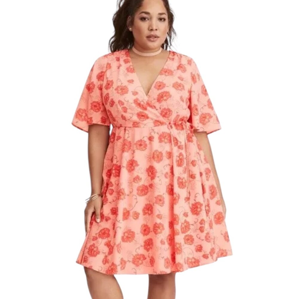 Torrid Women's Coral Floral Print Georgette Wrap Dress, Size 26